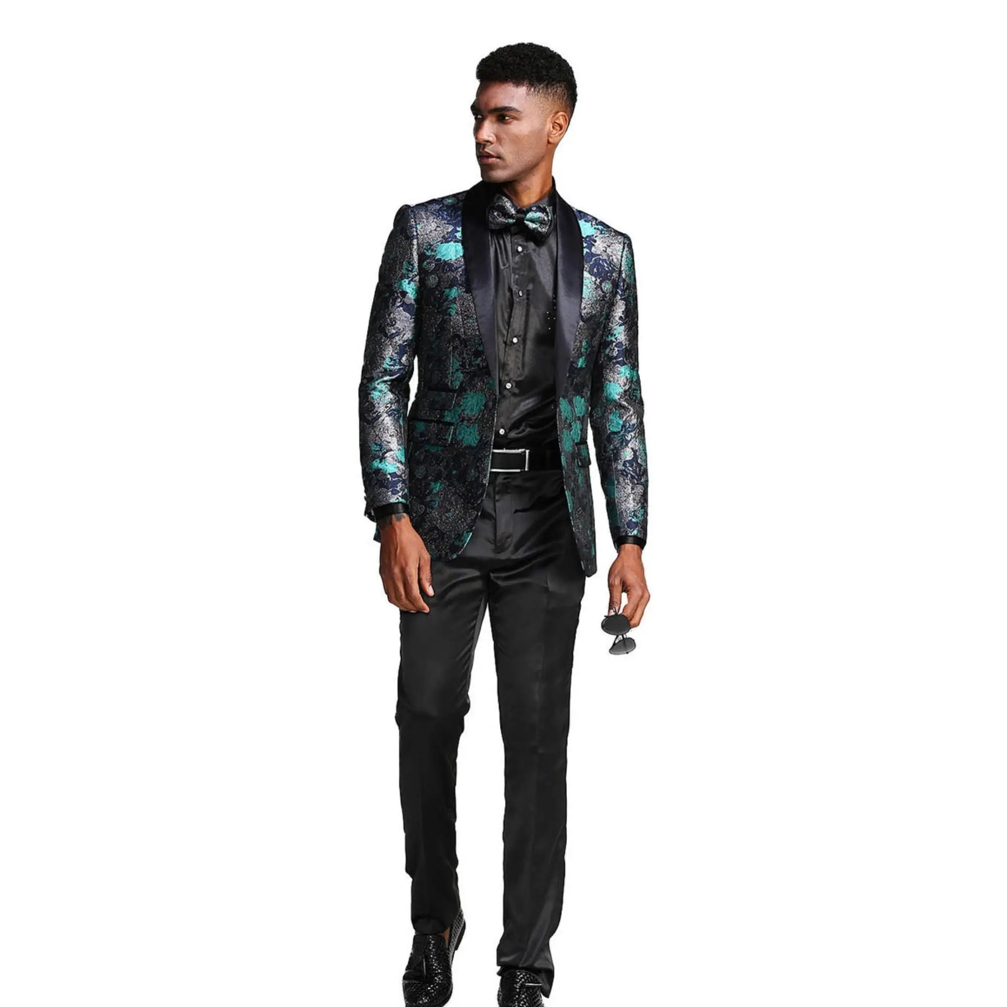 Floral Shawl Collar 1-Piece Blazer - Turquoise