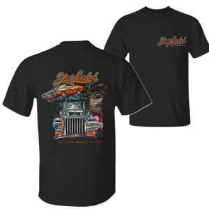 Stay Loaded Truck T-Shirt – Black Graphic Tee Featuring Muscle Car Jumping Over Semi Truck Design, Trucker Style Shirt for Drivers