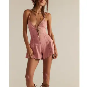 Women Denim Shorts Jumpsuits Summer Solid Color Tie up Backless Loose Playsuit Cute Rompers Club Streetwear Sleeveless Womenswear homecoming dresses rush  dress