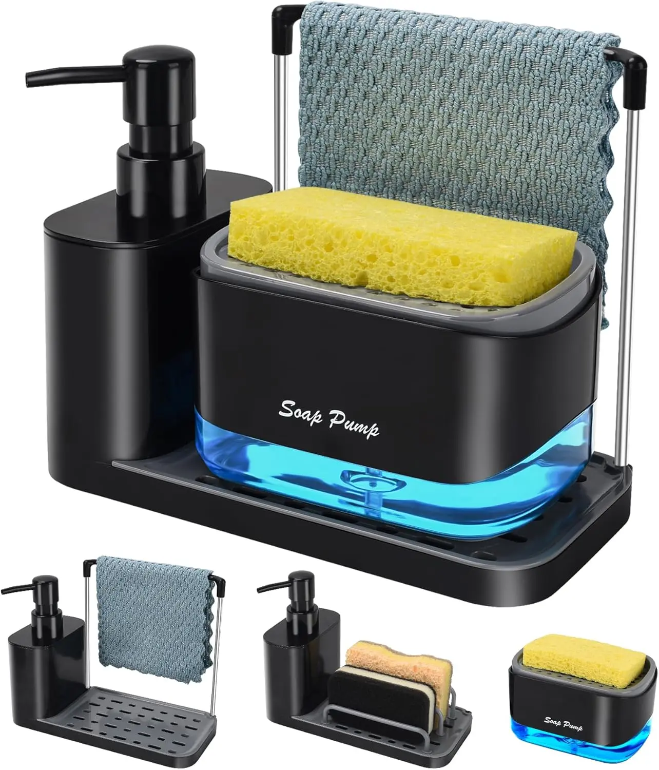 Black 5-in-1 Sturdy Transparent Leak-Proof Press Pump Dish Soap Dispenser Set - Removable ABS Tray, Dual Dispenser, Sponge & Dishcloth Holders for Kitchen Sink Countertop Kitchen Cleaning Storage
