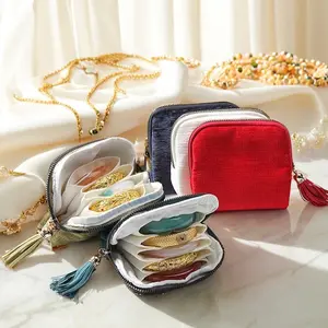 Jewelry Zippered Pocket Case Travel Jewelry Bag Portable Organizer with 5 Compartments Velvet Satin Lining Tassel Zipper for Rings Bracelets Necklaces Tassel Bag Boxes