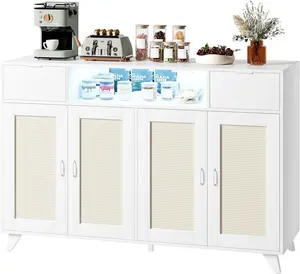 【Christmas Gift】White Sideboard Buffet Cabinet, 47" Accent Storage Cabinet with 4 Rattan Doors & 2 Drawers Console Table Coffee Bar w/Power Outlet & LED Light Adjustable Shelves for Dining Living Room, Hallway