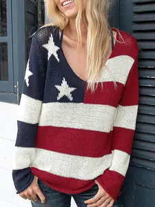 Women's Star & Striped Print Hollow Out Sweater, Casual  Split Hem Long Sleeve V Neck Jumper for Spring & Fall, Fashion Women's Knitwear for Daily Wear