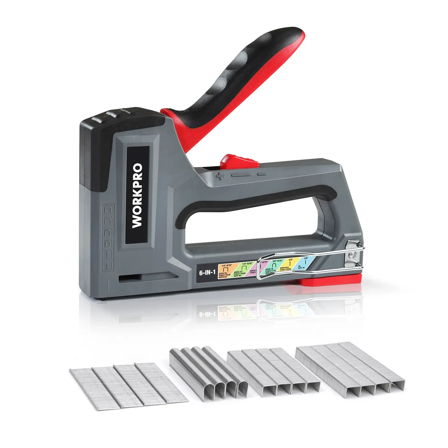 #fathersdaygift WORKPRO Stapler, 6-in-1, Manual Brad Nailer with 4000-Count Staples, Upholstery Stapler for Fixing Material, Decoration, Carpentry, Furniture, Doors and Windows