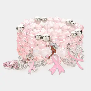 Pink Ribbon Angel Wing 4Pc Beaded Bracelet Set
