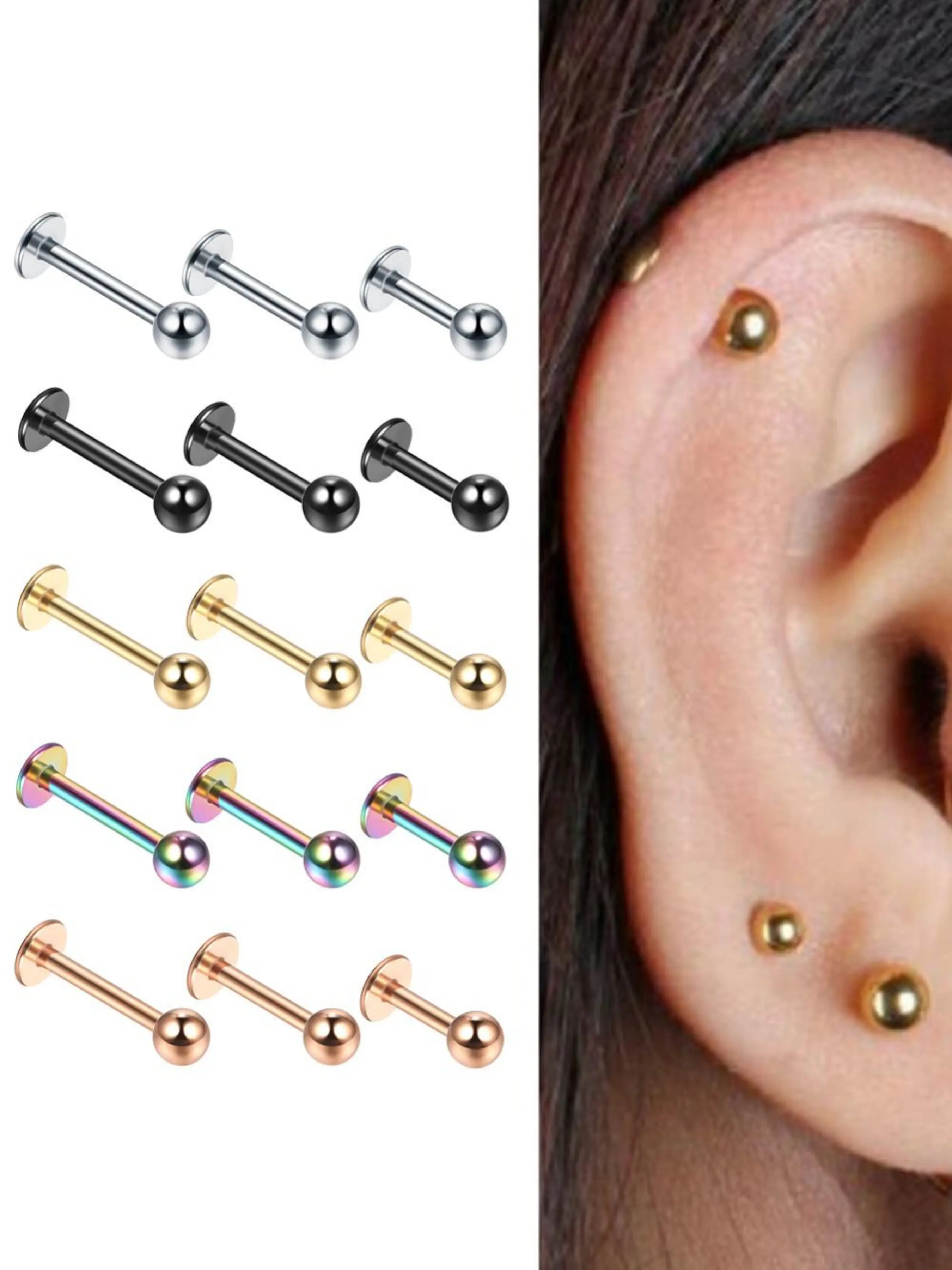 10pcs Lot Stainless Steel 16g Tragus Helix Bar 3mm Ball Labret Lip Bar Rings Stud Cartilage Ear Piercings Body Jewelry for Women & Men Ear Studs