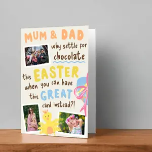 Custom Personalized Easter Family Photo Card (5x8 Folded, 10x8 Open) – Fun “Mum & Dad” Multi-Photo Design | Turn your favorite memories into a heartfelt keepsake—because the best gift isn’t just chocolate, it’s love captured forever