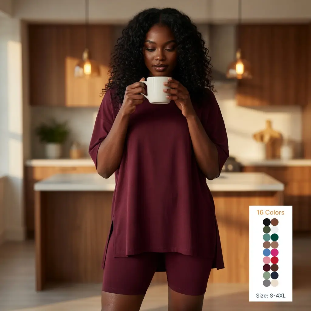 Ultra-Soft 2 Piece Lounge Set for Women - Slouchy Side Slit Tee & Stretchy Biker Shorts - Silky 100% Polyester Sleepwear Set
