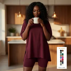 Ultra-Soft 2 Piece Lounge Set for Women - Slouchy Side Slit Tee & Stretchy Biker Shorts - Silky 100% Polyester Sleepwear Set