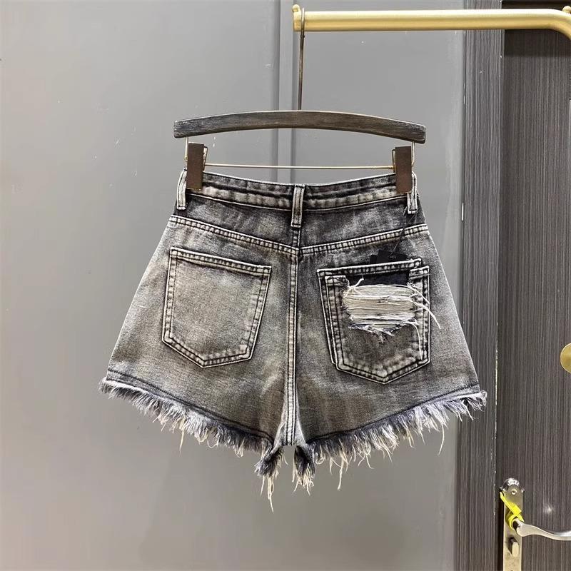 Worn Legs with Rough Edges Washed Black Denim Shorts