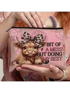 Cute Cow Makeup Bag Highland Cow Makeup Bag - 1pc Cute Cow Design with "BIT OF A MESS BUT DOING MY BEST" Quote | Durable Fabric Travel Cosmetic Organizer, Makeup Storage Organizer, Unisex Gift for Cow Lovers, Makeup Pouch for Vacation