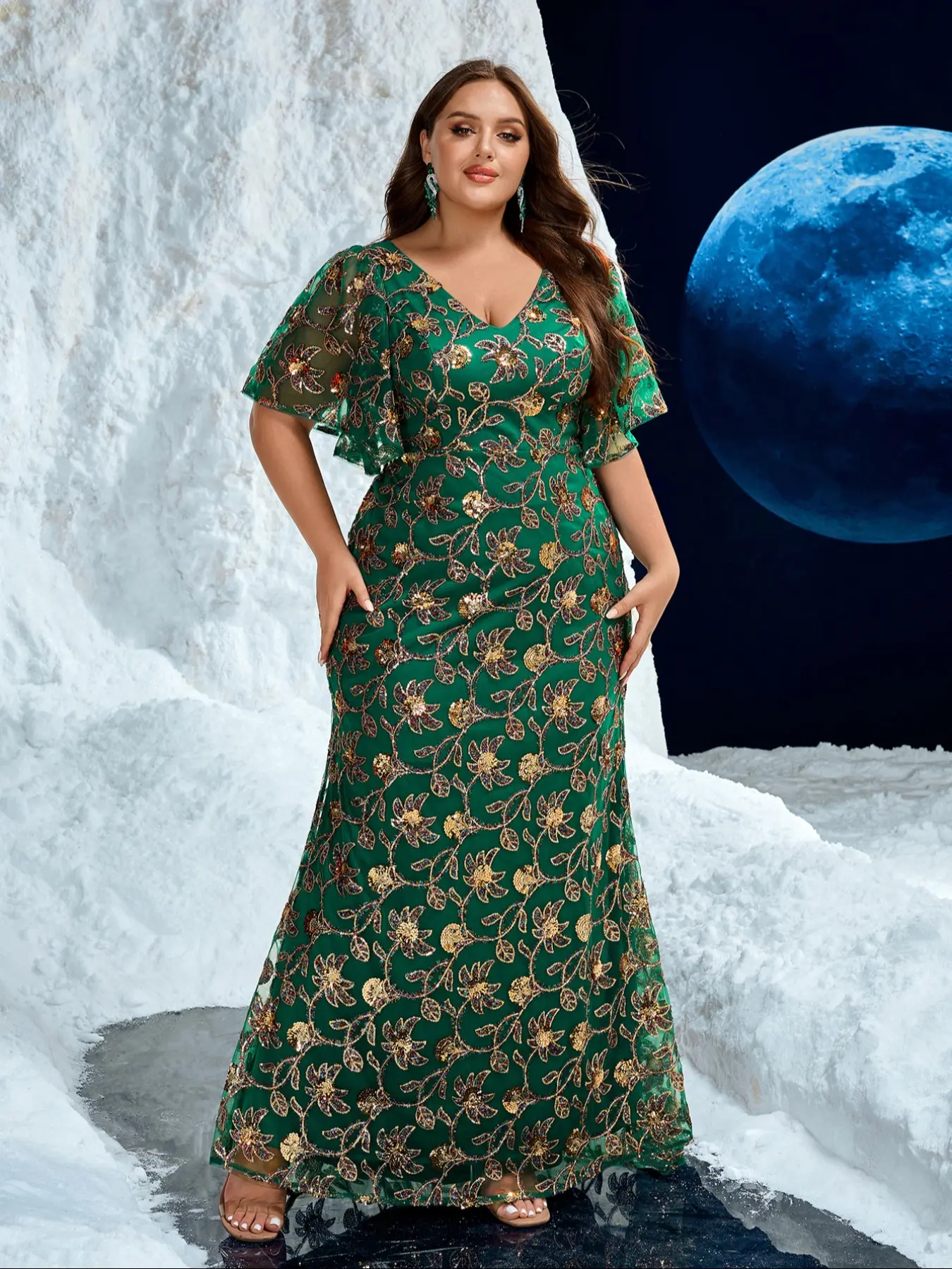 Elegant Evening Dress with V Neck Lace Sleeves, Rhinestone Embroidery,  Random Cut Design, Sophisticated Party Gown - TikTok Shop