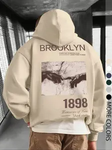 Unisex Vintage Brooklyn Letter Print and "tearing the sky and clenching hands" memory of New York State in 1898 Hoodie, Fall & Winter Streetwear, Graphic Design, Casual Fitted Style, Trendy Men's Gift
