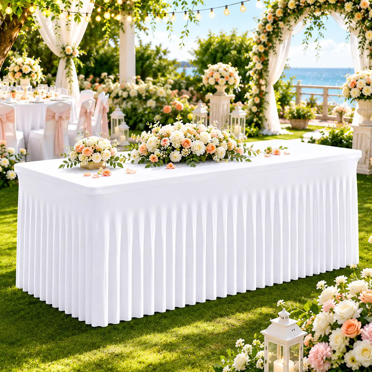 Fitted Polyester Tablecloth - 1 Pack White/Black/Ivory/pink Stretchy Waterproof Washable Overlay with Insert, for 4/6/8FT Rectangle Outdoor Tables, Classic Modern Decoration for Wedding, Home Party Supplies Halloween decor