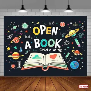 1pc 2D Flat, Polyester Educational Reading Theme Backdrop Banner - Open a Book Open A Mind Motivational Wall Decor for Classroom, Library, School Events, Photo Booth Studio Props, No Electricity Needed