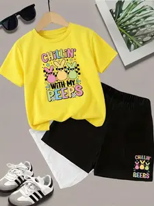 Easter Girl Chilln with My Peeps Rabbit Print Short Sleeve Shorts Set, Trendy Casual All Season, Stylish Fitted Tee