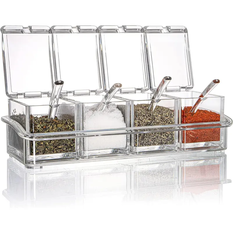 Clear Seasoning Rack Spice Pots - 4 Piece Storage Container Condiment Jars - Acrylic Seasoning Box, Cruet with Cover and Spoon
