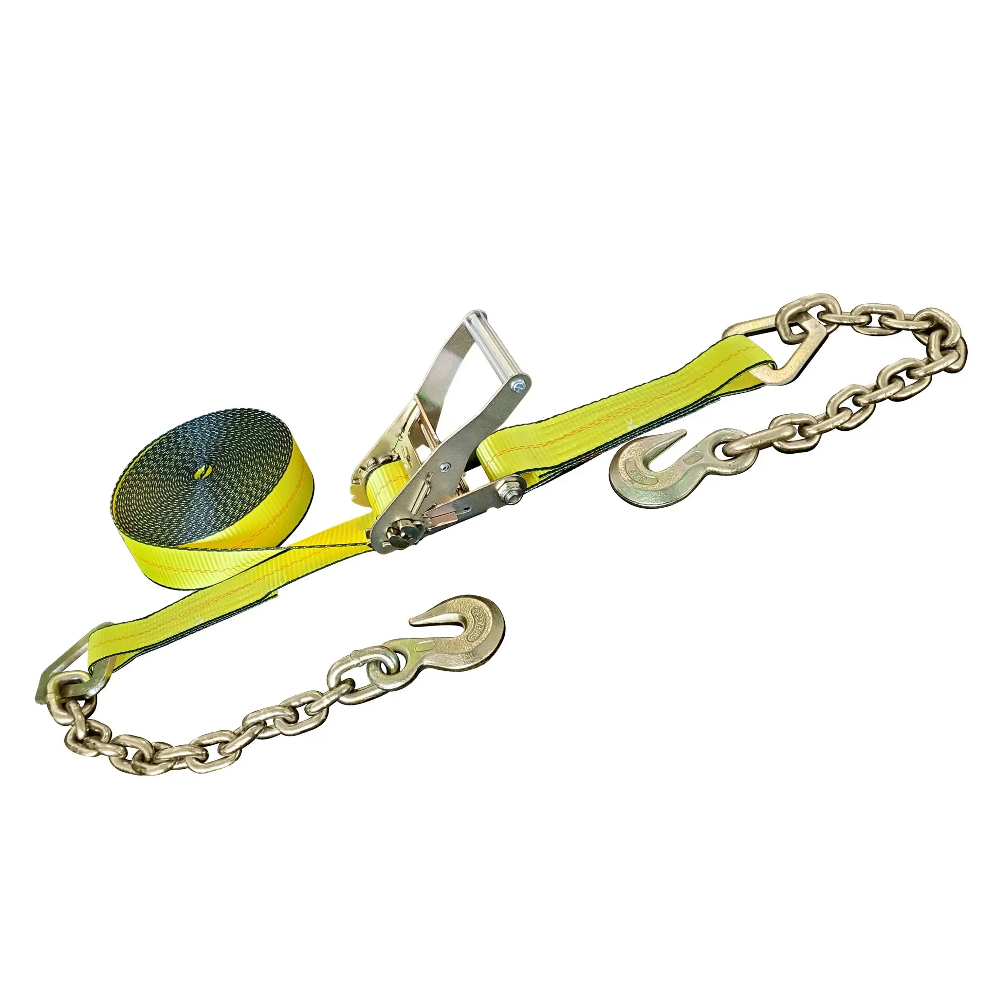 2" x 30' High-Visibility Yellow Polyester Hybrid Grade 70 Winch Strap - Chain Anchor-Equipped Automotive Escape Tool with Premium Webbing, Steel Beams Compatibility, Heavy Pipes Handling, All-Season Extreme Durability