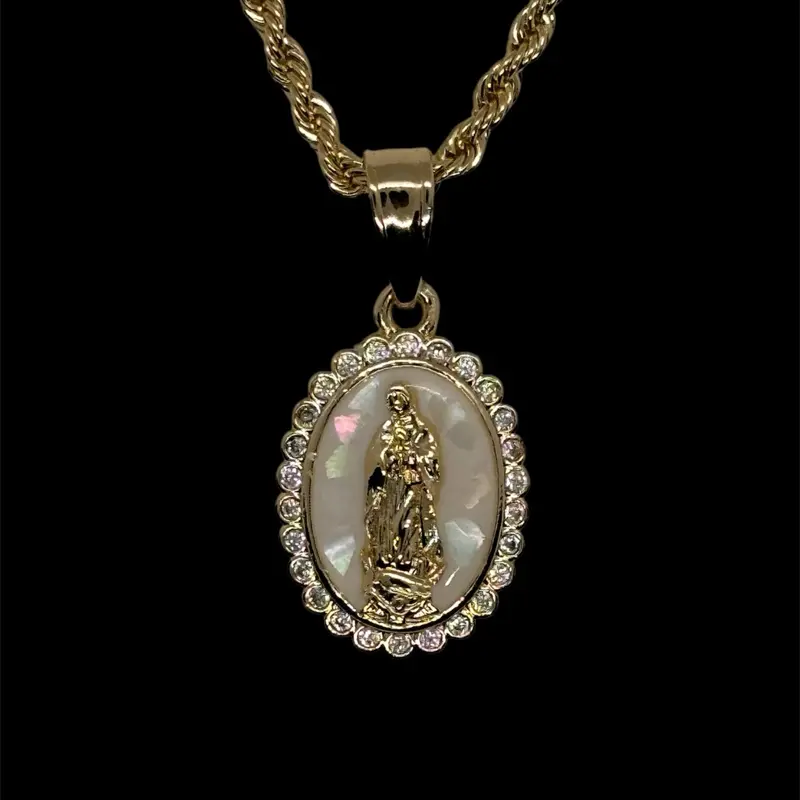 14K Gold Plated Virgin Mary White Pendant Artificial Opal Charm Necklace - Collar de Virgen de Guadalupe Opal Artificial  en Oro Banado 14K