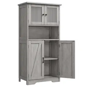 Gray 67 Inch Tall Freestanding 3 Tier Storage Cabinet with 4 Doors and Adjustable Shelves for Living Room Dining Room Bathroom Entryway Fluted Glass Cupboard