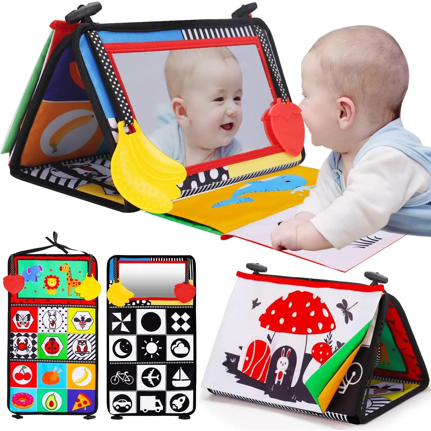 Small Tummy Time Baby Mirror with Crinkle Cloth Book, Teether & Black and White High Contrast Panels - Learning, Brain Boosting Infant Toy for 0-3 Months, 0-6 Month Newborn Boys & Girls, Sensory Activity Shower Gift, Mirror Panel