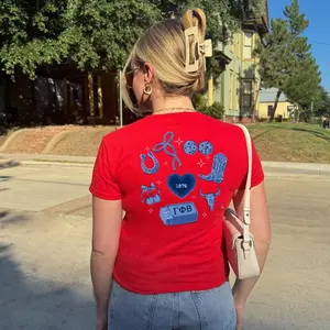 Gamma Phi Beta Denim Cowgirl Collage - Baby Tee, Western Sorority T-Shirt