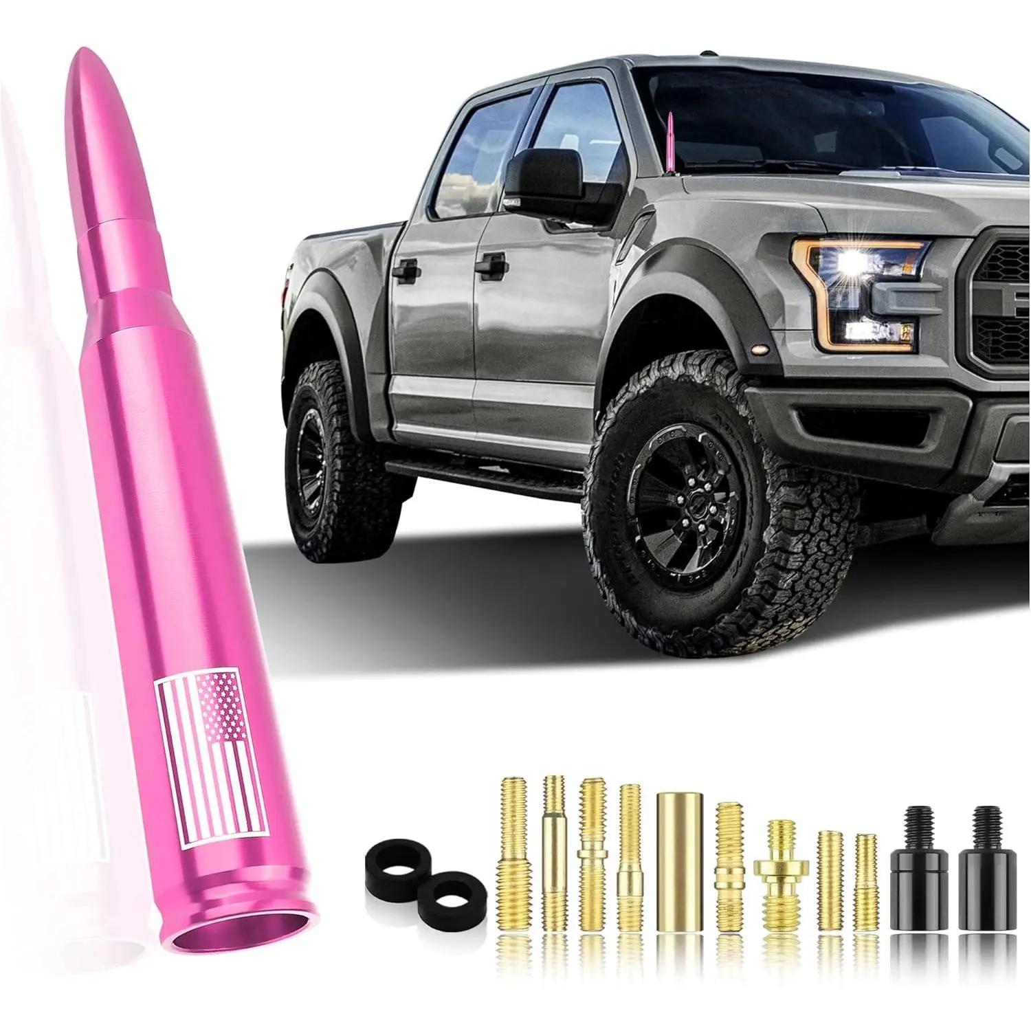 New Upgrade Pink U.S. Flag Car Bullet Antenna - Truck Exterior Decoration Accessory, Vehicle Replacement Antenna Compatible with Ford F150, RAM 1500, GMC Heavy Duty, Sienna, Yukon, Equinox, Cobalt, Suburban Pickup Trucks, Cadillac