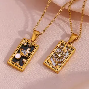 The World & Wheel of Fortune Tarot Necklaces | Stackable Cosmic Jewelry |Stylish vintage rectangular zircon Tarot necklace,christmas gifts for gf