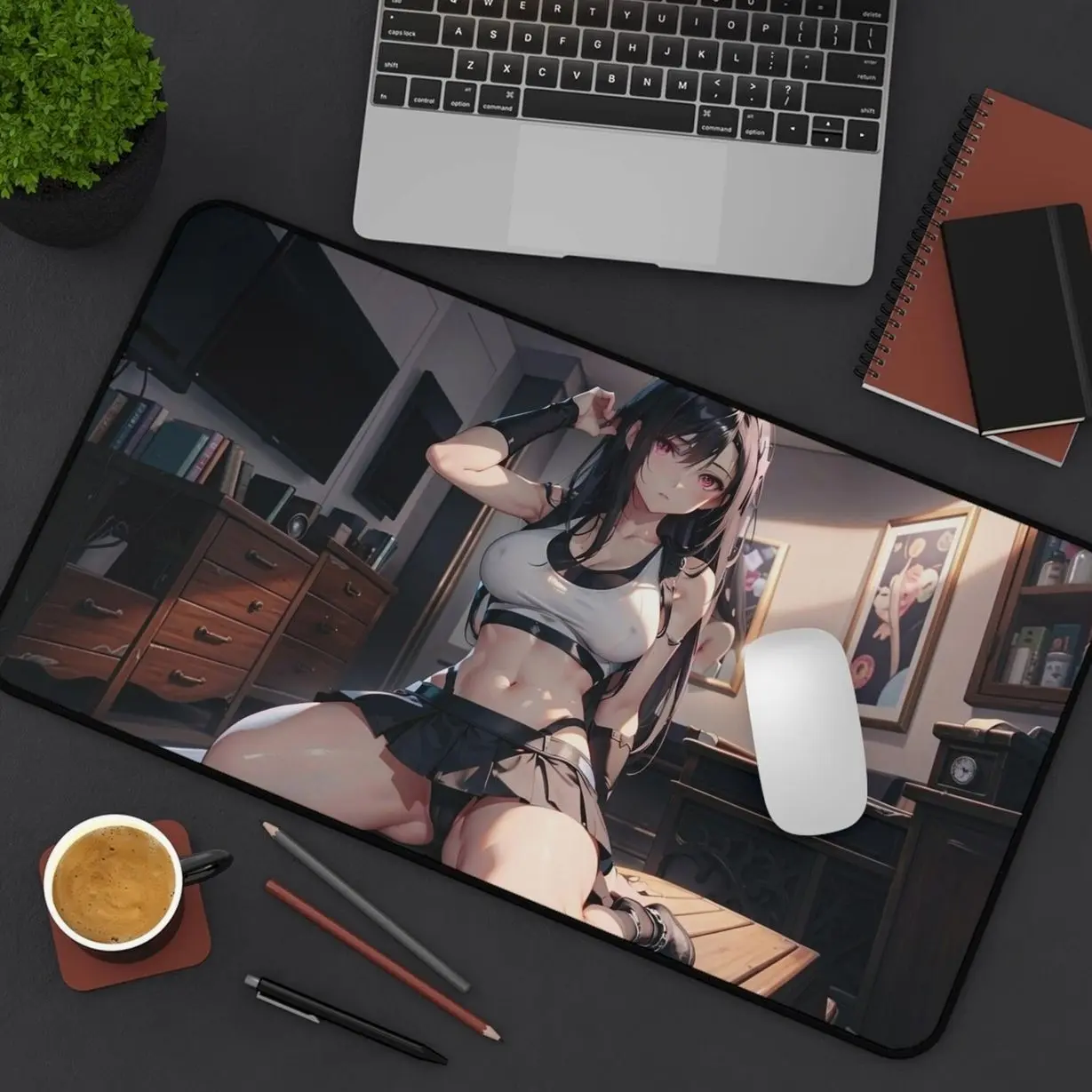 Anime Girl Illustration Desk Mat | Gaming Mouse Pad, Bedroom Scene AncientArtWorldShop