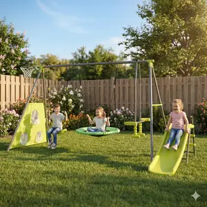 ARCH XNS052 green and blue interesting six function swingset with net swing metal plastic safe swing set 440lbs for outdoor playground for age 3+ with 31.5in net swing