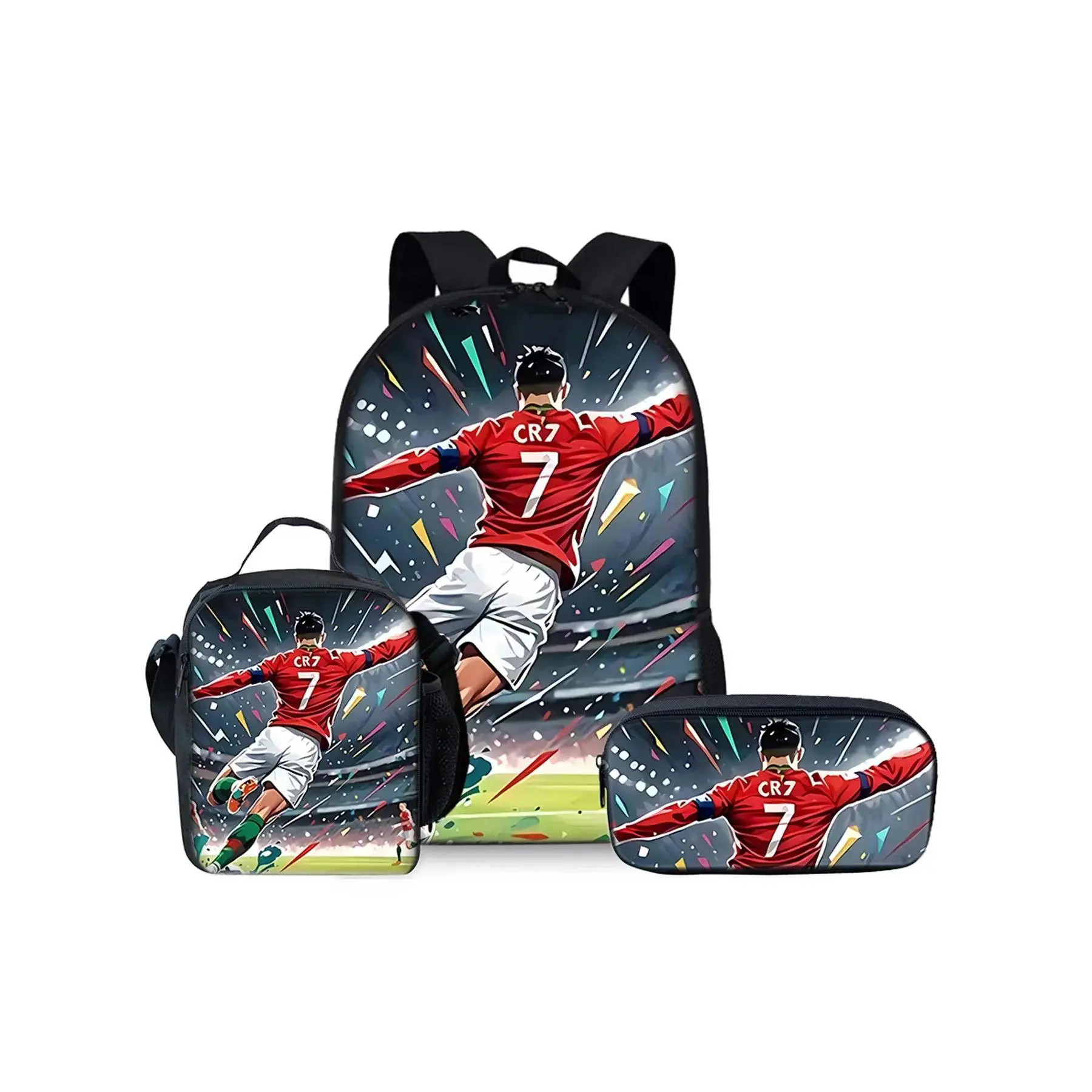 Unisex Multi-Function 17-in Synthetic Geometric Football Print 3-Piece Backpack Set - Single-Layer Backpack, Shoulder Strap Lunch Bag, Pencil Bag, Fits 15-in Laptop & iPad, Casual Sports, Park Use
