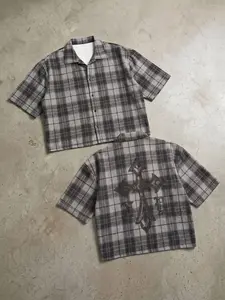 Plaid Cross Print Short Sleeve Shirt, American High Street Short Top, /blue Plaid, Gothic Letter Print, Cuban Collar, Loose Fit