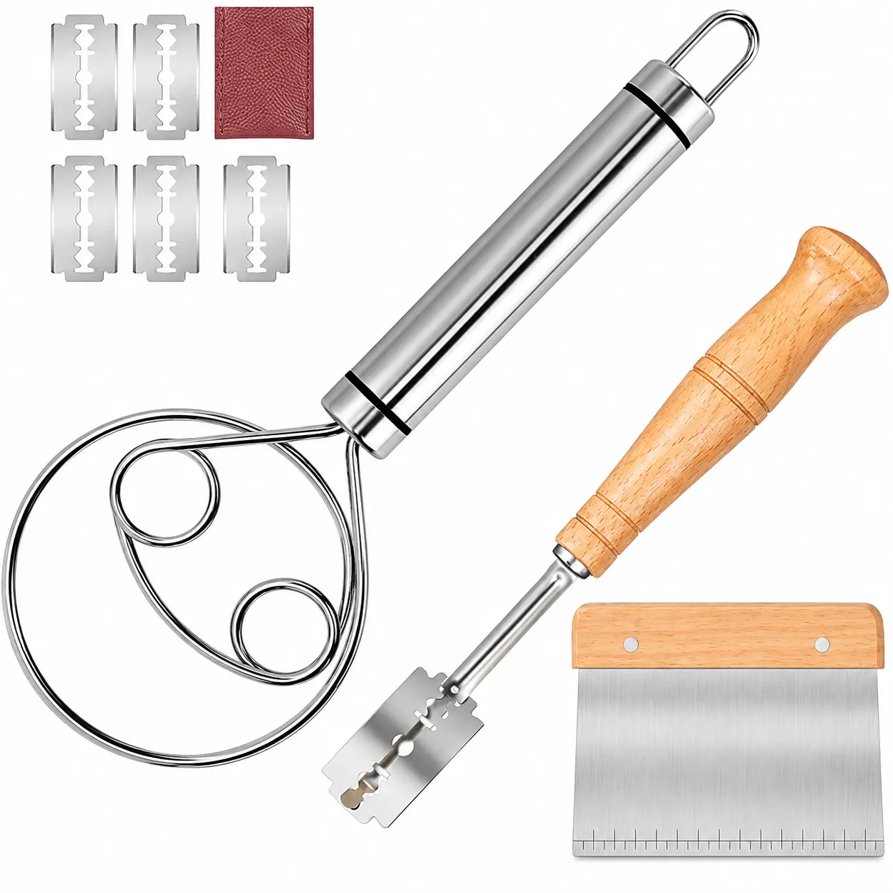 Baking Tool Set, 3-Piece Kitchen Bakeware Kit with Stainless Steel Danish Dough Whisk, Dough Scraper, Bread Scoring Tool, 5 Replacement Blades & Protective Case for Home Cake, Pastry Baking