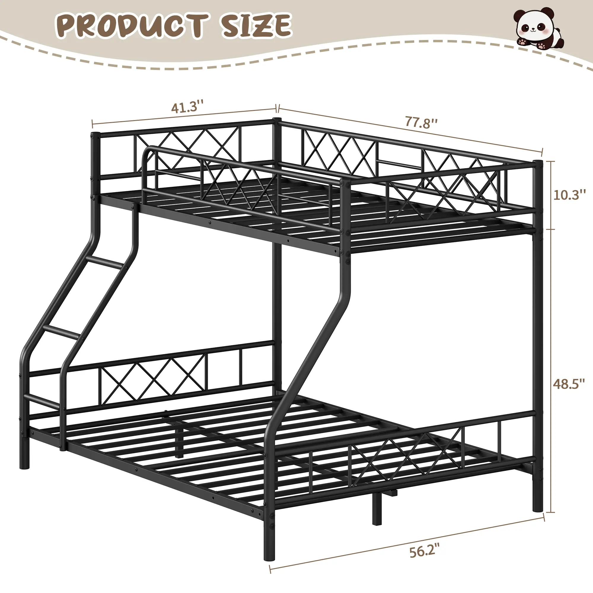 Space-Saving Metal Twin Over Full Size Bunk Bed – Low Profile Frame with Ladder & Extended Guardrails – Durable Design for Adults & Teens – No Box Spring Needed – Modern Black Sand Finish