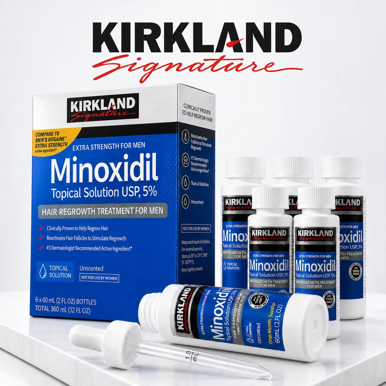 Kirkland Minoxidil 5% Hair Care Serum Daily Scalp Drops Topical Serum Kit for Thicker & Fuller Looking Hair - Premium Men's Grooming & Nourishing Personal Care Routine with Precision Dropper weak