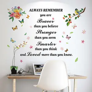 English Inspirational Quote Wall Stickers Colorful Hummingbird Branch Decals Living Room Sofa TV Background Restaurant Decoration Home Decor Self-Adhesive Paper