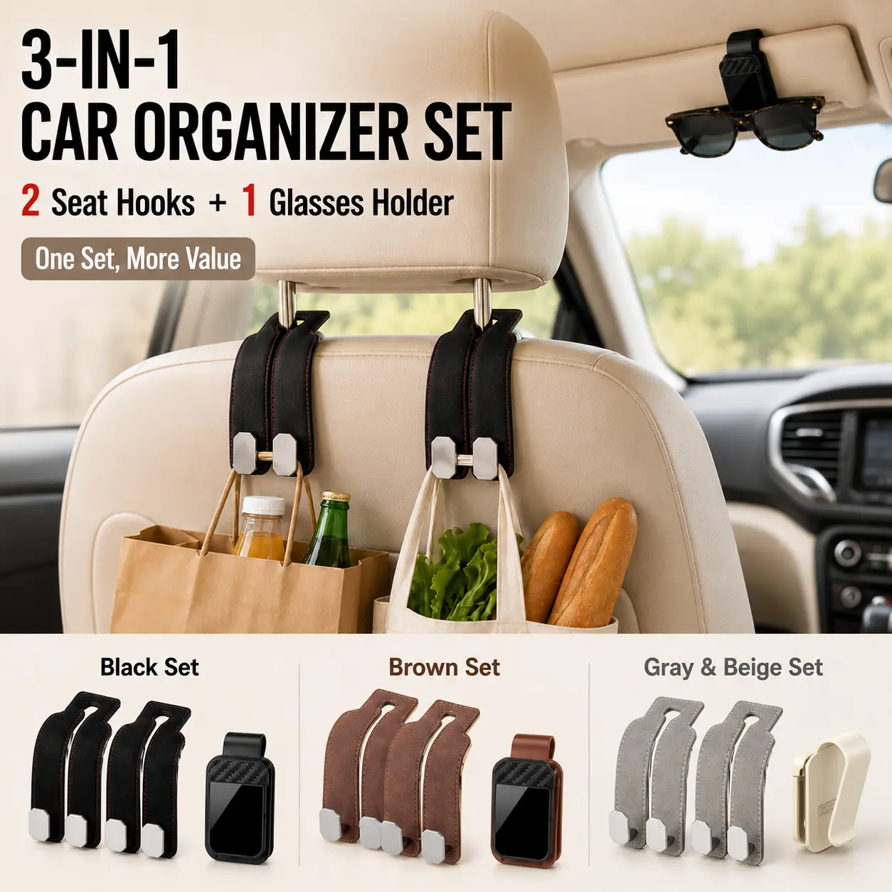2 Hooks + 1 Sunglasses Clip, Car Seat Headrest Hooks Set, Purse Holder and Bag Hooks for Handbags, Shopping Bags and Backpacks, Car Interior Accessories