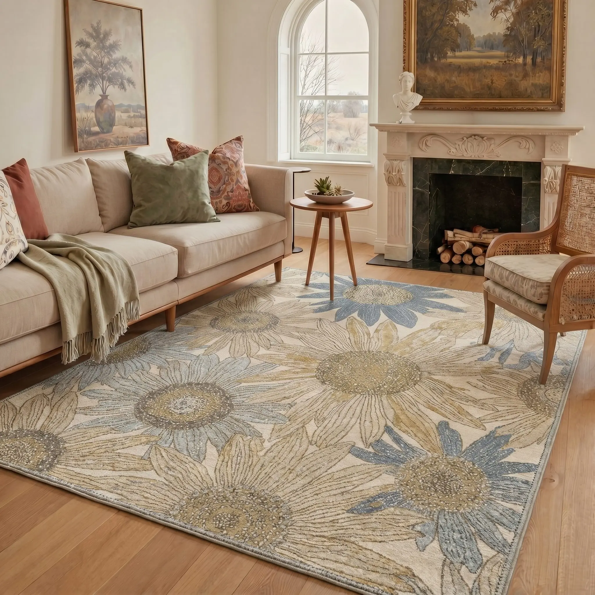 【Deals For You Days】GENIMO Area Rug for Living Room Machine Washable Non Slip Pet Friendly Soft Carpet for Bedroom Kitchen Hallway Home Decor Living Space Decor,ARF5779-OCHRE BLOOM