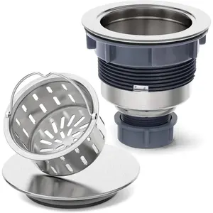 Stainless Steel Sink Drain Strainer 3-1/2 Inch Kitchen Sink Drain Assembly Kit with Removable Deep Sink Strainer Basket and Sink Stopper Flat Cover Replacement for Home Standard Kitchen Sinks