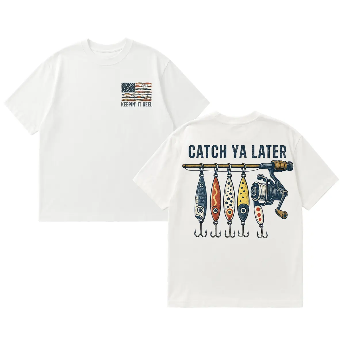 Catch Ya Later Keepin’ It Reel Vintage Fishing T-Shirt, Funny Fisherman Graphic Tee, American Flag Lure Shirt, Front Chest Back Print Angler Gift for Dad Men