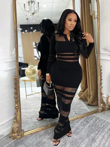 Women's Spring Autumn Elegant Mesh Patchwork Slim Fit Bodycon Waist Cinching Long Dress, Casual Fitted Dress for Women