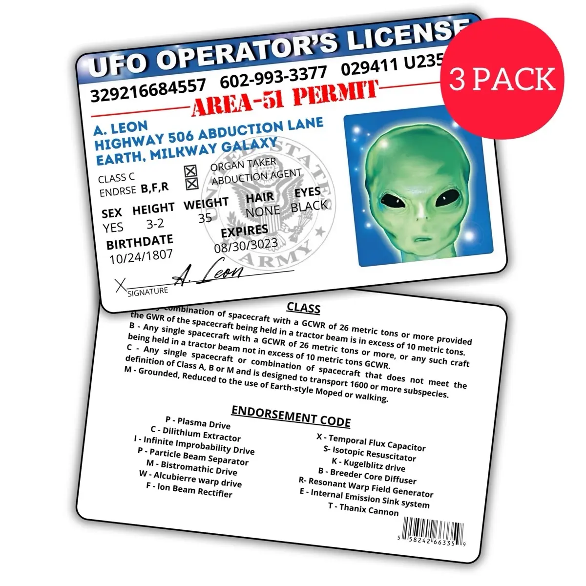 Alien UFO's Driver's License/Prank Items/Fake ID License/Double Sided/Great Complement for Costumes/Professional Quality Accessories Halloween Masks