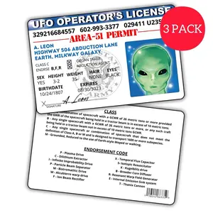 Alien UFO's Driver's License/Prank Items/Fake ID License/Double Sided/Great Complement for Costumes/Professional Quality Accessories Halloween Masks