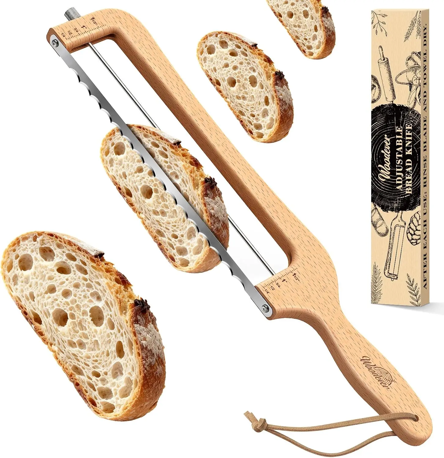 Woodever Adjustable Bread Knife for Home Use - Wooden Sourdough Bread Slicer with Bow Design & Stainless Serrated Blade for Bagels and Baguettes