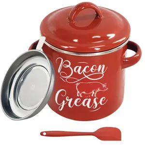 46 0Z Bacon Grease Container with Strainer -1.3L Large Capacity, With Silicone Spatula, Enamel Bacon Grease Keeper for Bacon Drippings, Farmhouse Red Kitchen Decor Dishwasher Safe
