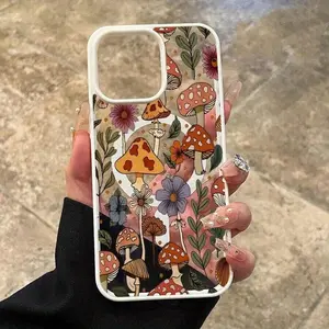 Mushroom Pattern Large Hole Frosted TPU Frame Suitable For IPhone 17 Air/16 15 14 13 12 Pro Max/17 16 15 14 Plus X/Xs Max, Suitable For Samsung S22 S23 S24 S25 Ultra/Plus/FE/+ Acrylic Transparent Wireless Charging Anti Drop