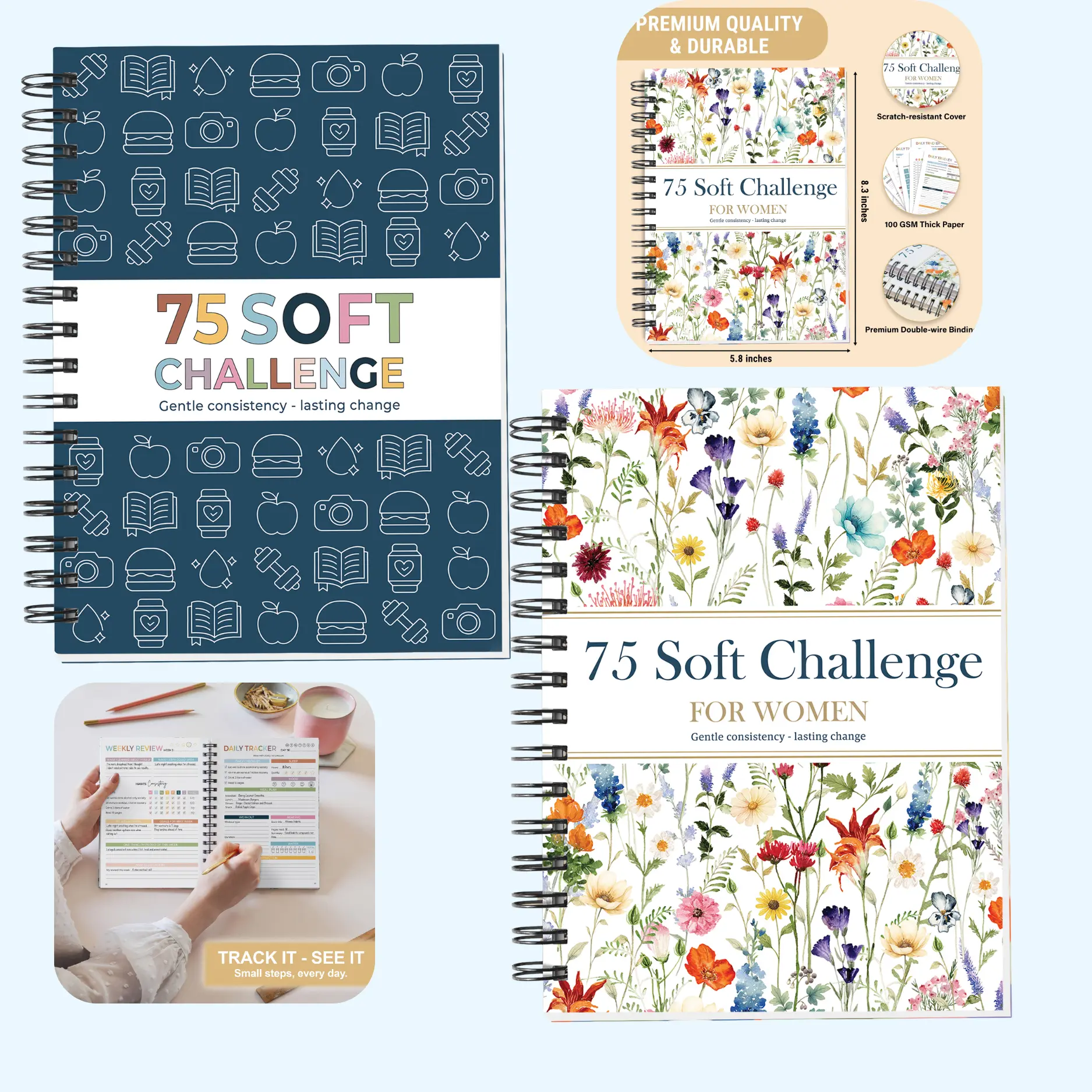 75 Soft Challenge Wellness Journal for Women - Guided Portable Diary for Daily Habit & Hydration Tracking, Lay-Flat Double Wire Binding, 100 GSM Paper, 2026 Edition