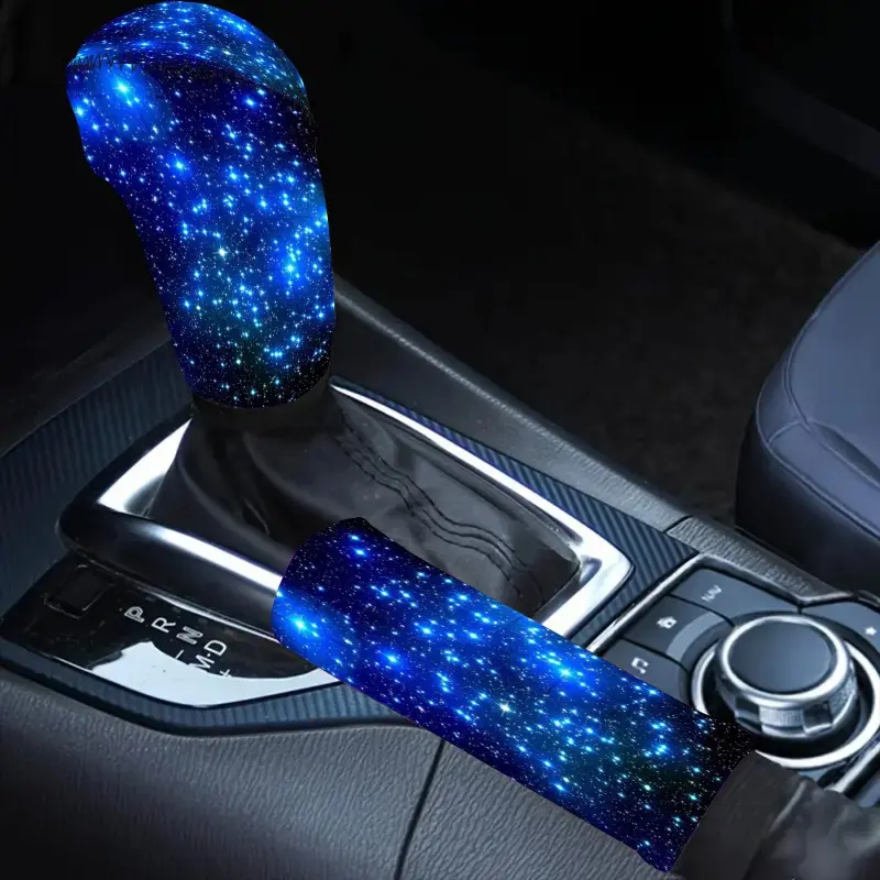 2 Pieces Blue Starry Sky Print Car Accessories Set - Handbrake and Gear Shift Lever Covers, Suitable for SUVs and Cars, Dustproof Polyester, Durable and Stylish Interior Upgrade, Car Interior Accessories, Vehicle Customization, Cosmic Design