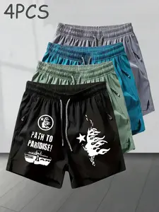 4-Pack Streetwear Cool Flame Athletic Shorts, Trendy Print Design, Comfortable Loose Fit, Unisex Fashion, Perfect for All Seasons