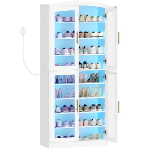 9 Tier Shoe Storage Cabinet, Modern Tall Shoe Cabinet with Adjustable Shelves,  Display Case with Glass Doors & LED Lights, Tall Glass Cabinets for Hallway